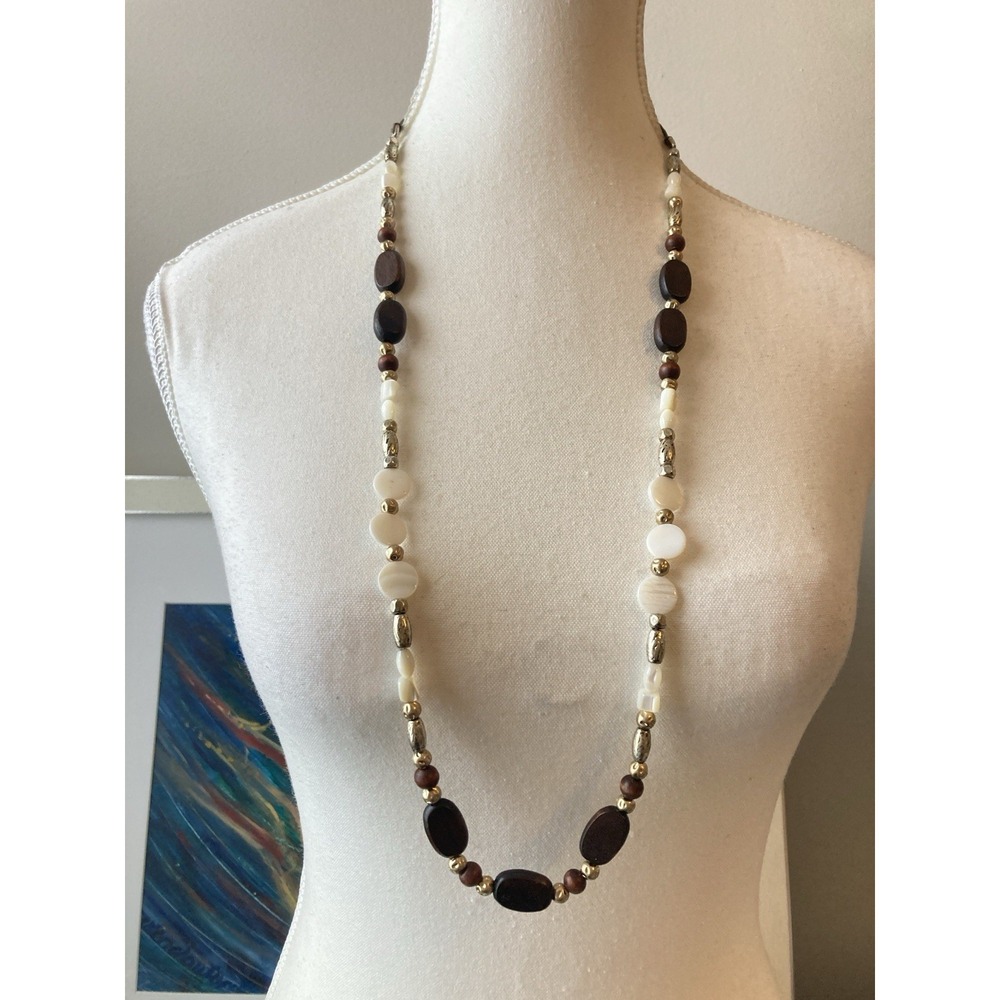 Long Boho Mixed Bead Necklace Brown Cream Gold Tone Adjustable Cord Beggars Bead